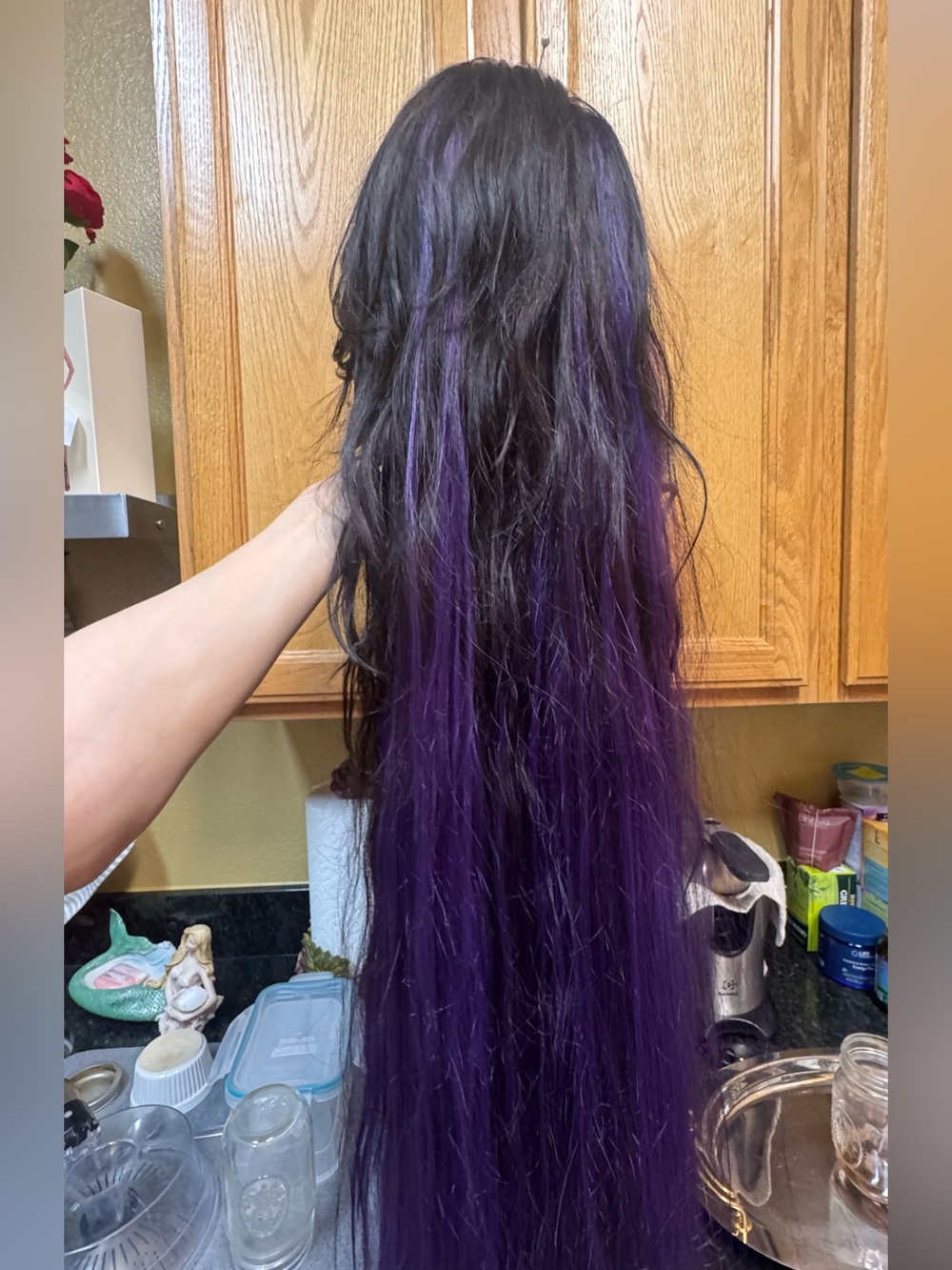 40” Human Hair Dark Brown-Purple Ombre Extra Long Human Hair Wavy Wig